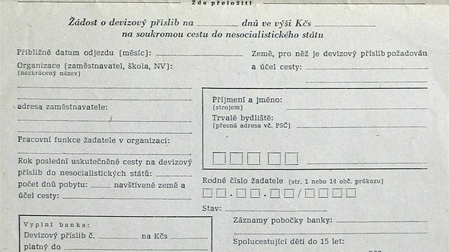Devizový příslib od banky a výjezdní doložka, za totality jediná možnost, jak vycestovat na Západ. O devizový příslib a doložku bylo nutné žádat i k cestám do Jugoslávie.
