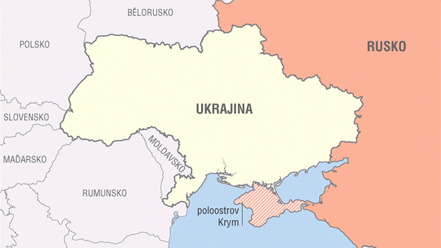 Mapka Ukrajiny a Ruska s vyznaeným územím poloostrova Krym pipojeným k Ruské