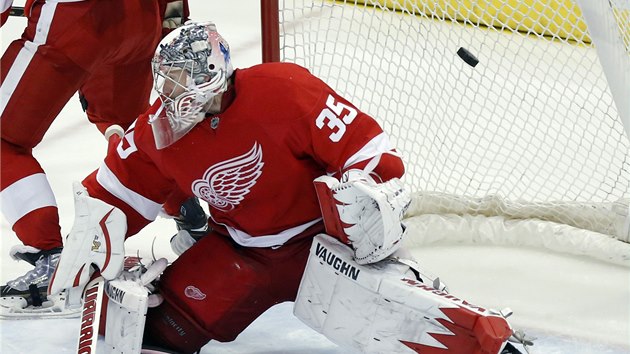 Brank Jimmy Howard z Detroitu u tuhle stelu nechyt. 