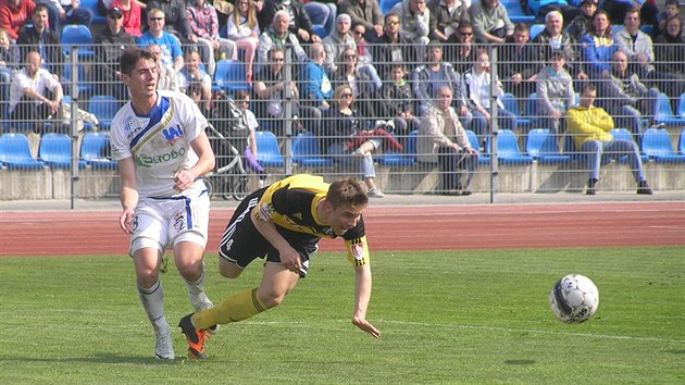 steck fotbalista Michal Leibl (vlevo) fauluje Zdeka Linharta z eskch Budjovic.