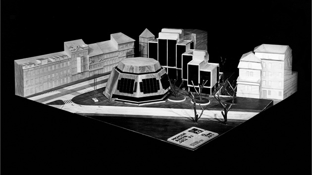 Model provozní budovy Státní banky eskoslovenské a okolní zástavby