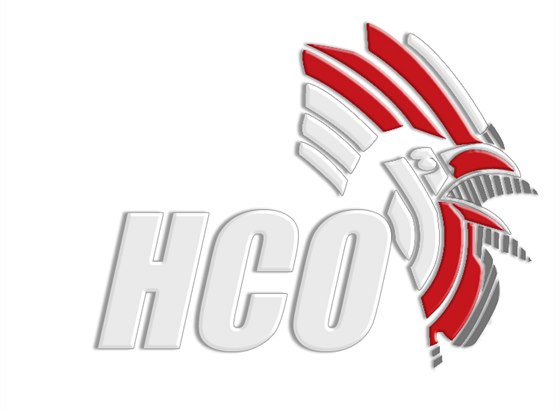 Bílo-ervený znak olomouckých hokejist s nápisem HCO a kohoutí hlavou.