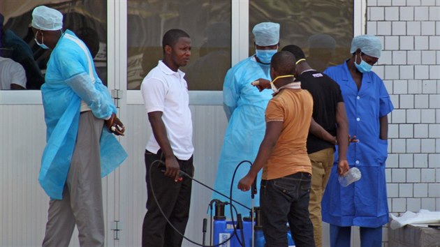 Zamstnanci nemocnice v guinejsk metropoli Conakry pijmaj pacienta s podezenm na nkazu ebolou (29. bezna 2014).