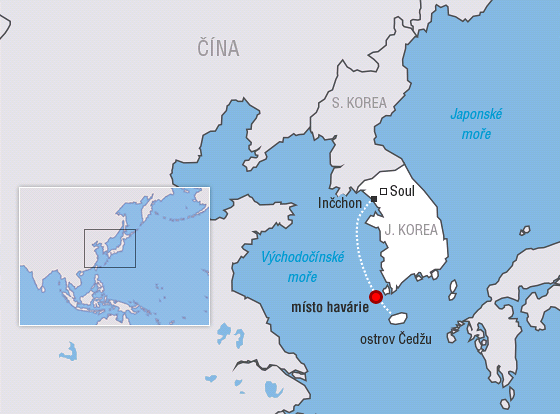 MAPA: Trasa jihokorejskho trajektu Sewol, kter se potopil cestou z Inchonu