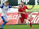 Momentka z fotbalovho duelu Znojma a Banku Ostrava (erven)