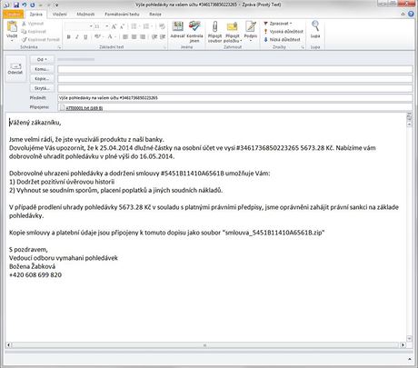 E-mail s podezelou pílohou, který se ke konci dubna íí po esku.
