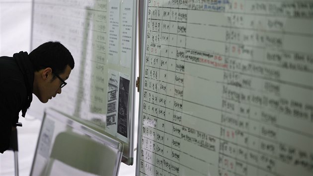 Pbuzn obti z potopenho trajektu prot seznam cestujcch vyven v jihokorejskm pstavu Dindo.
