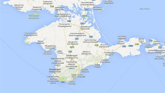 Poloostrov Krym na ukrajinsk verzi Googlu.