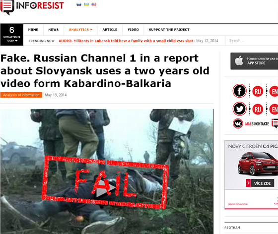 Zpráva serveru InfoResist.org o faleném videu o zabitém u Slavjansku