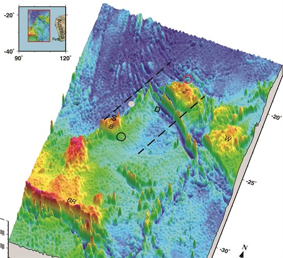 Mapka moského dna v oblasti, kde podle údaj ze satelitu zmizel let MH370....