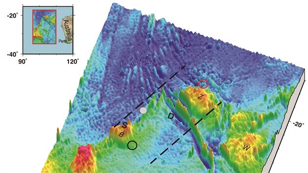 Mapka moskho dna v oblasti, kde podle daj ze satelitu zmizel let MH370. Mapka vznikla na zklad podrobnho men gravitan anomli v oblasti.