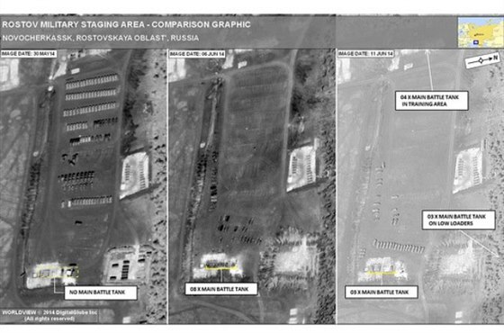Satelitní snímky NATO monitorující pohyb tank u rusko-ukrajinské hranice....