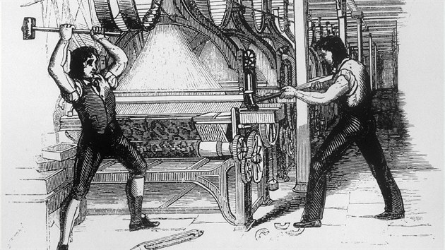 Kresba z roku 1812 zachycuje tzv. ludity rozbíjejíci stroje v textilní továrn.