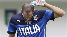Italský obránce Giorgio Chiellini se osvuje bhem tréninku.