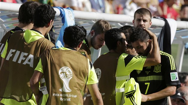 LOUEN. David Villa std v utkn proti Austrlii. Byl to zejm jeho posledn zpas ve panlsk reprezentaci.