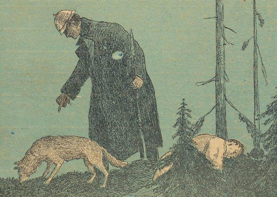 Rakouský etník se sluebním psem u mrtvoly.