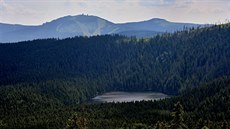 Pohled z rozhledny na šumavském vrcholu Špičák. Pohled z rozhledny na šumavském vrcholu Špičák.