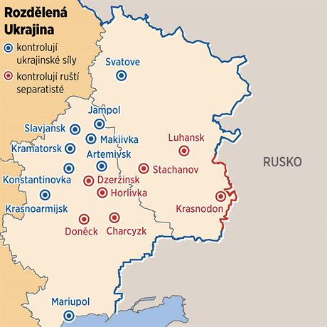 MAPA: Ukrajinsk msta ovldan ruskmi separatisty