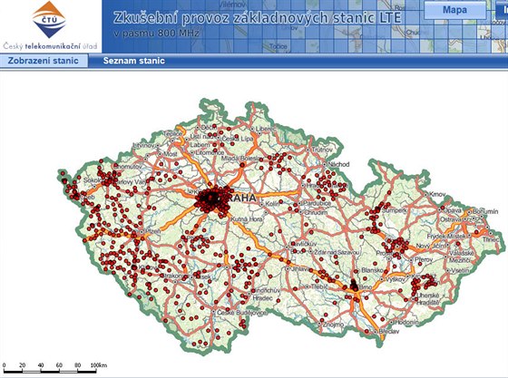 Mapa pokrytí signálem LTE, testovací BTS