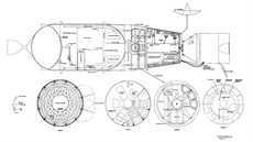 Schéma kosmické lodi pro let kolem Venue sestavené z raketového stupn S-IVB...