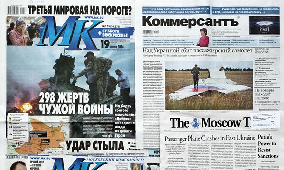 Titulní stránky ruských deník z konce týdne, kdy se zítil let MH17. Mnohá...