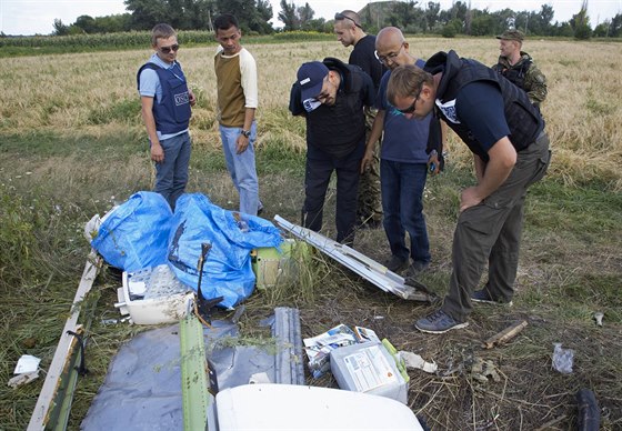 Vyetovatelé OBSE prohlíejí trosky Boeingu 777 blízko vsi Petropavlivka....