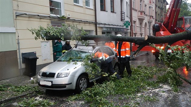 Hasii pomhaj odklidit kmen spadl na auto v eskch Budjovicch. Jen v pondl tam kvli podobnm udlostem museli vyjdt sedmkrt, dvakrt pak kvli erpn vody (21. ervence 2014).