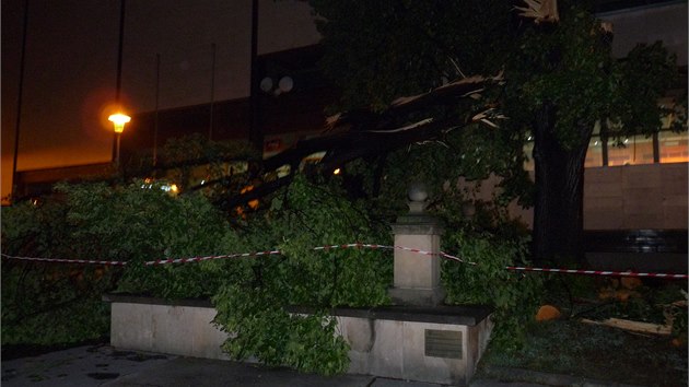 V Uhersk Brod boue zlomila na Marinskm nmst strom, kter pi pdu porazil vzcn barokn marinsk sloup (27. 7. 2014).