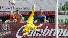 VYROVNÁNO. Plzeský gólman Kozáik inkasuje v Píbrami vyrovnávací gól na 2:2.