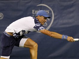 Tom Berdych na turnaji ve Washingtonu, kde v prvnm kole pehrl Robbyho...