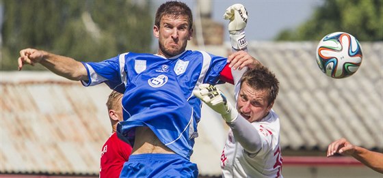 Pardubický gólman Ludk Frydrych (v bílém) zasahuje v utkání proti Vlaimi.