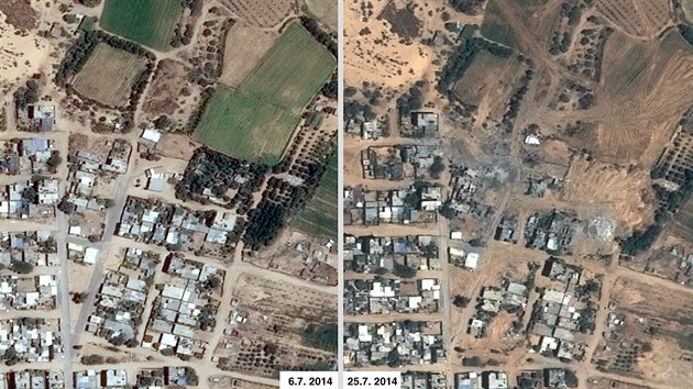 Satelitn snmky nsledk izraelskho bombardovn msta Bajt Lahja v Psmu Gazy.