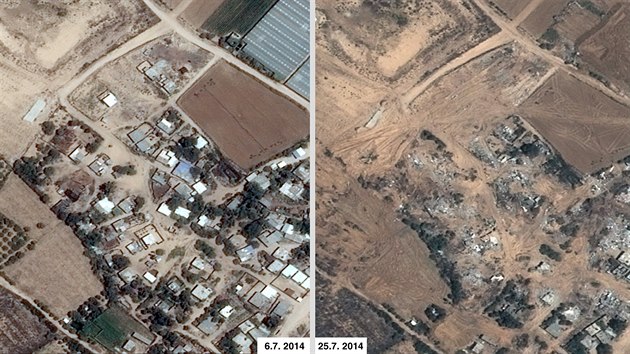 Satelitn snmky nsledk izraelskho bombardovn msta Al Atatra v Psmu Gazy.