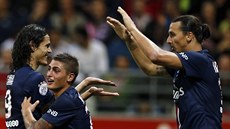 Edison Cavanni, Marco Verati a Zlatan Ibrahimovic (zleva) se radují z gólu...