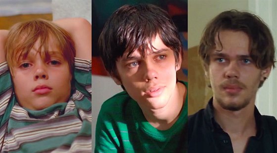 Pedstavitel hlavní role Ellar Coltrane ve tech ivotních etapách zachycených ve filmu Chlapectví.