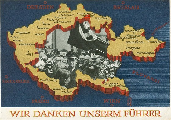 Nmecká pohlednice vydaná jako dík vdci za osvobození Sudet v roce 1938.
