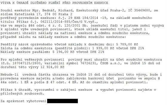 Falená výzva k úhrad, rozesílaná jako spam 25. srpna 2014.