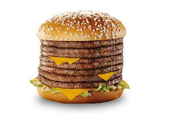 Mezi podpultovky v McDonald's patí teba Monster Mac: místo dvou kousk hovzího jako v tradiním sendvii Big Mac jich tento sendvi obsahuje osm. Ilustraní foto