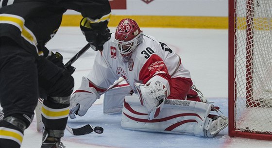 ZÁSAH. Tinecký gólman imon Hrubec zasahuje v utkání Ligy mistr proti...