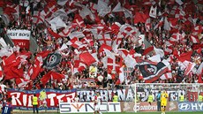 ČERVENOBÍLÝ KOTEL. Slávističtí fanoušci na tribuně Sever ČERVENOBÍLÝ KOTEL. Slávističtí fanoušci na tribuně Sever
