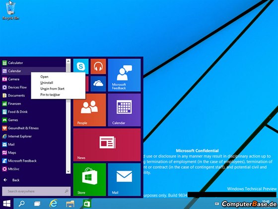 Startovací nabídka ve Windows 9 s oteveným kontextovým menu.