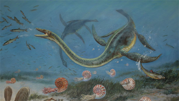 Rekonstrukce plesiosaura a ivota na dn svrchnokdovho moe. Malbu zpracoval umleck mal Petr Motliba.