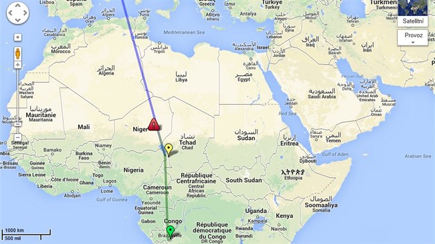 Trasa letu UTA 772: Let odstartoval z konskho Brazaville (zelen ipka) a ml mezipistn v adsk NDjamen (lut ipka). K nehod dolo na zem Nigeru (erven znaka).