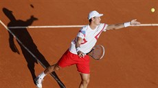 eský tenista Tomá Berdych podává v semifinále Davis Cupu proti Gasquetovi.