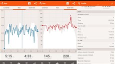 Ti obrazovky z mobilní aplikace. Graf tempa, srdení aktivity a celkové...