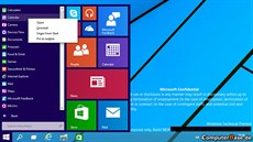 Startovací nabídka ve Windows 9 s oteveným kontextovým menu.