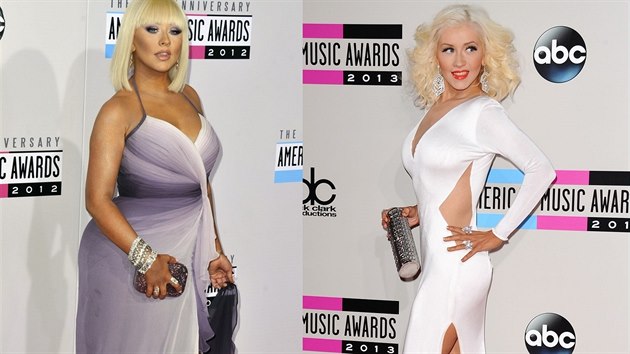Zpvaka Christina Aguilera: s kily navc v listopadu 2012 a thl jako proutek o rok pozdji.