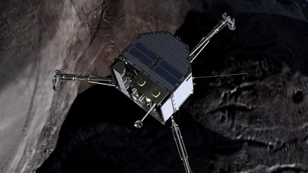 Modul Philae nad kometou v ilustraci ESA