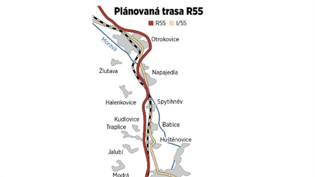 Trasa plnovan rychlostn silnice R55 z Otrokovic k Beclavi.