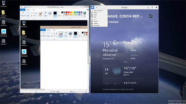 Klasick program Malovn a aplikace Poas z univerzlnho rozhran (Metro) pkn vedle sebe na klasick ploe Windows 10. Oteven aplikace m omezen monosti pi zmn velikosti, na snmku je minimln vka. Rozkliknut menu v levm hornm rohu aplikace obsahuje nabdku, kter je obshlej, ne ta, kterou nabz prav vytahovac charm bar spolen pro vechny aplikace.